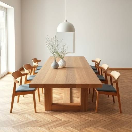 Langt spisebord i heltre eik med plass til 8 personer, stramt skandinavisk design